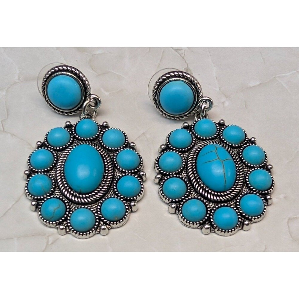 New Western Concho Dangle Drop Earrings Silver Tone Faux Turquoise Boho Cowgirl